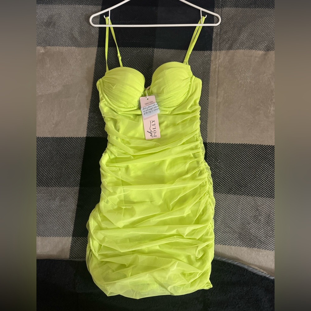 Oh Polly Neon Lime Ruched Bodycon Dress